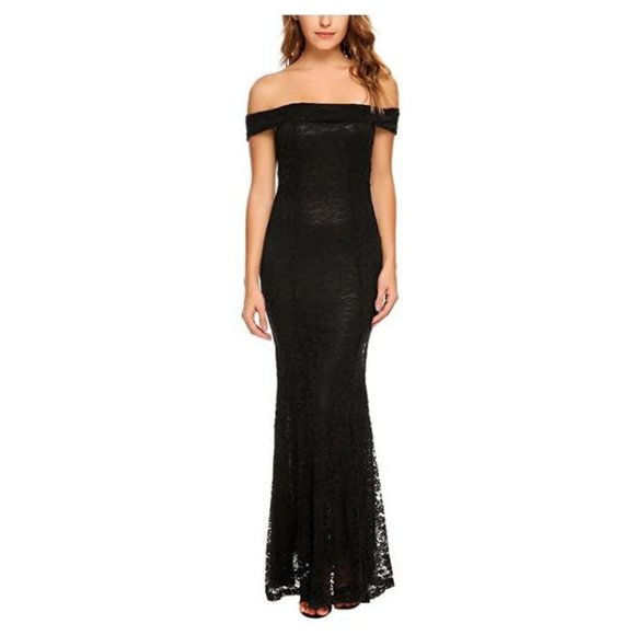 Floral Lace Off Shoulder Mermaid Cocktail Evening Bodycon Maxi Dress Black - Picture 1 of 4